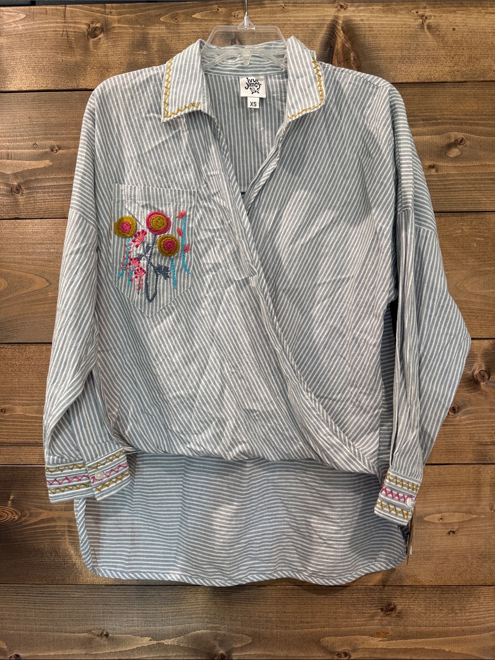 ivy jane Blue and White Striped Embroidered Wrap Blouse